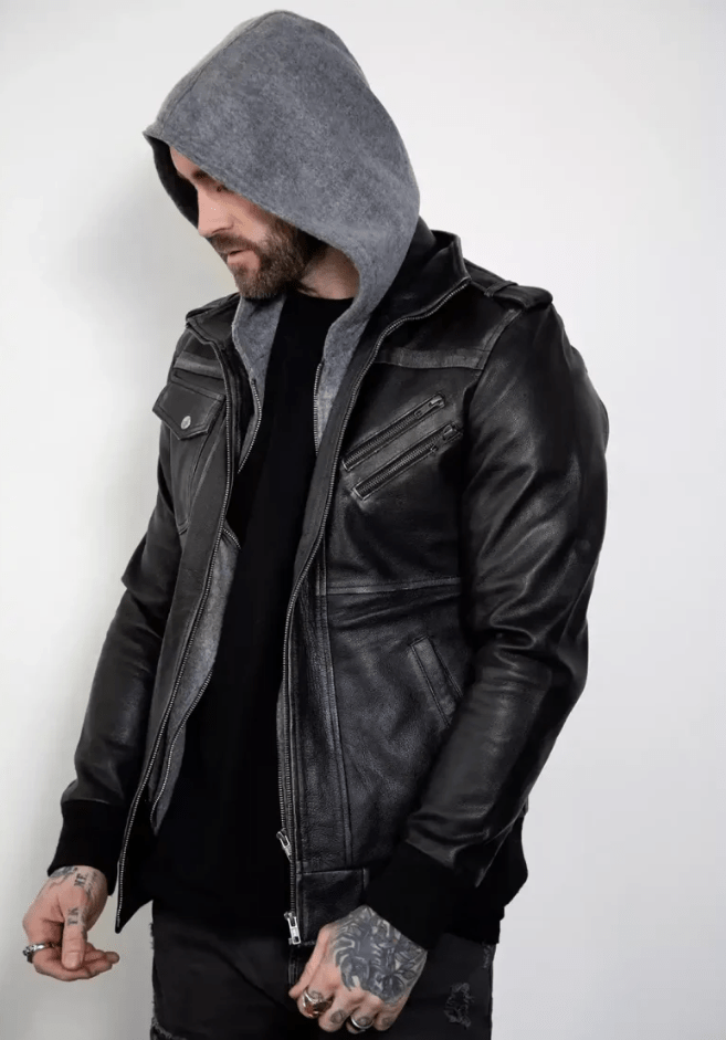  Men's Distressed Black Bomber Leather Jacket