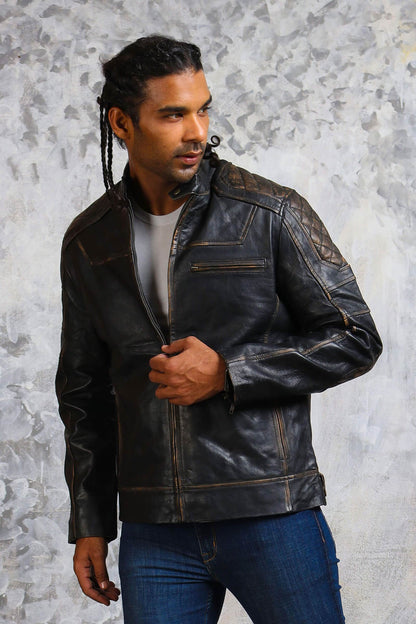 Men's Distressed Motorcycle Leather Jacket in Black