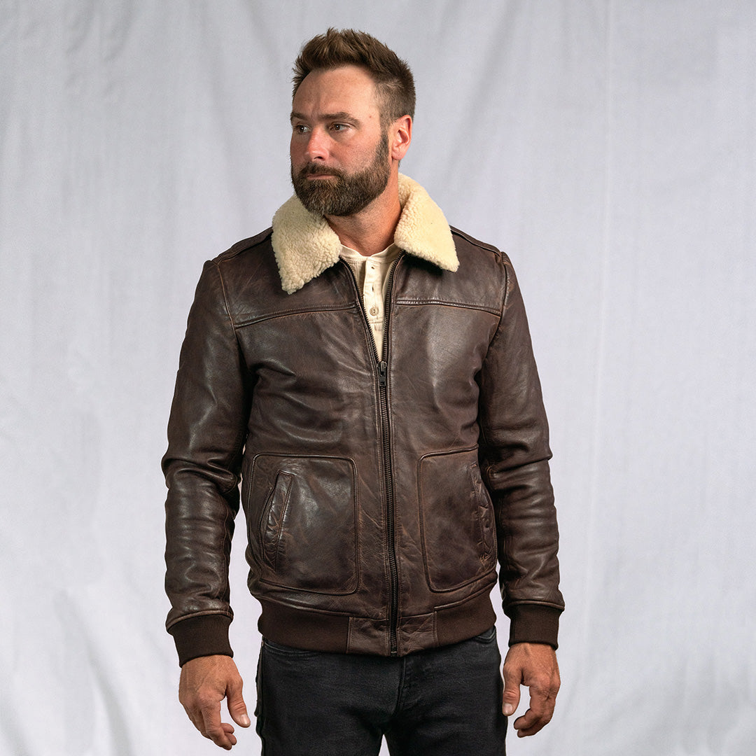 Men's Dark Brown Distressed Shearling Bomber Leather Jacket