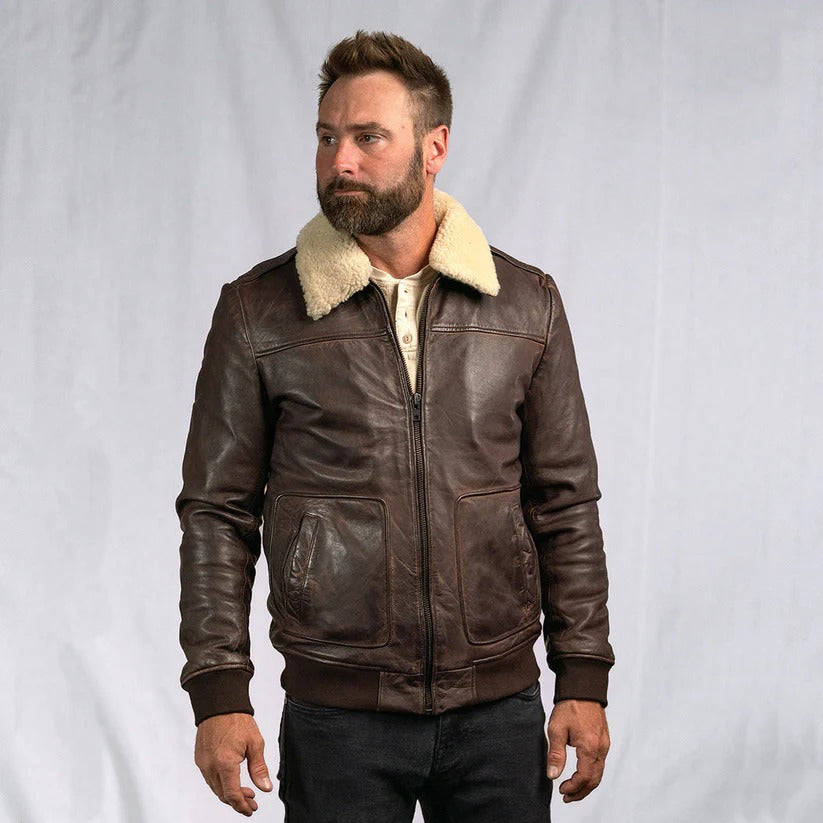 Men's Distressed Shearling Leather Jacket in Dark Brown Rugged Warmth, Timeless Style