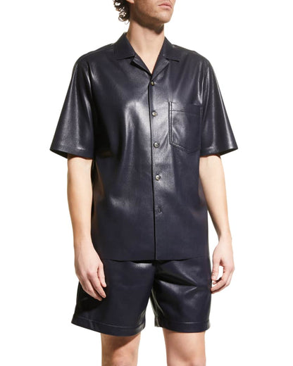 Men's Navy Blue Half Sleeve Leather Shirt