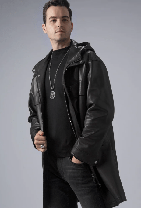 Men's Black Mid-Length Leather Coat with Hood