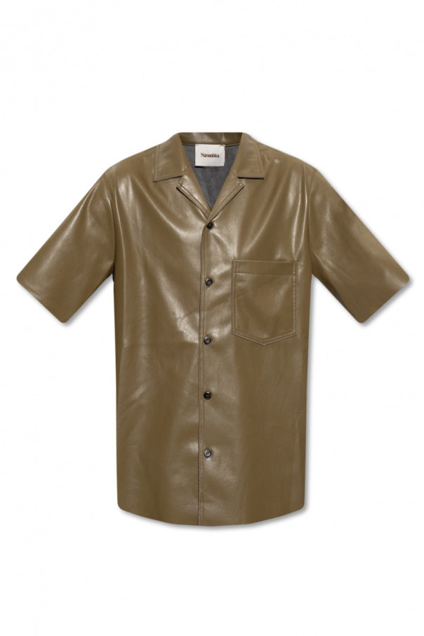 Men's Olive Green Half Sleeve Leather Shirt