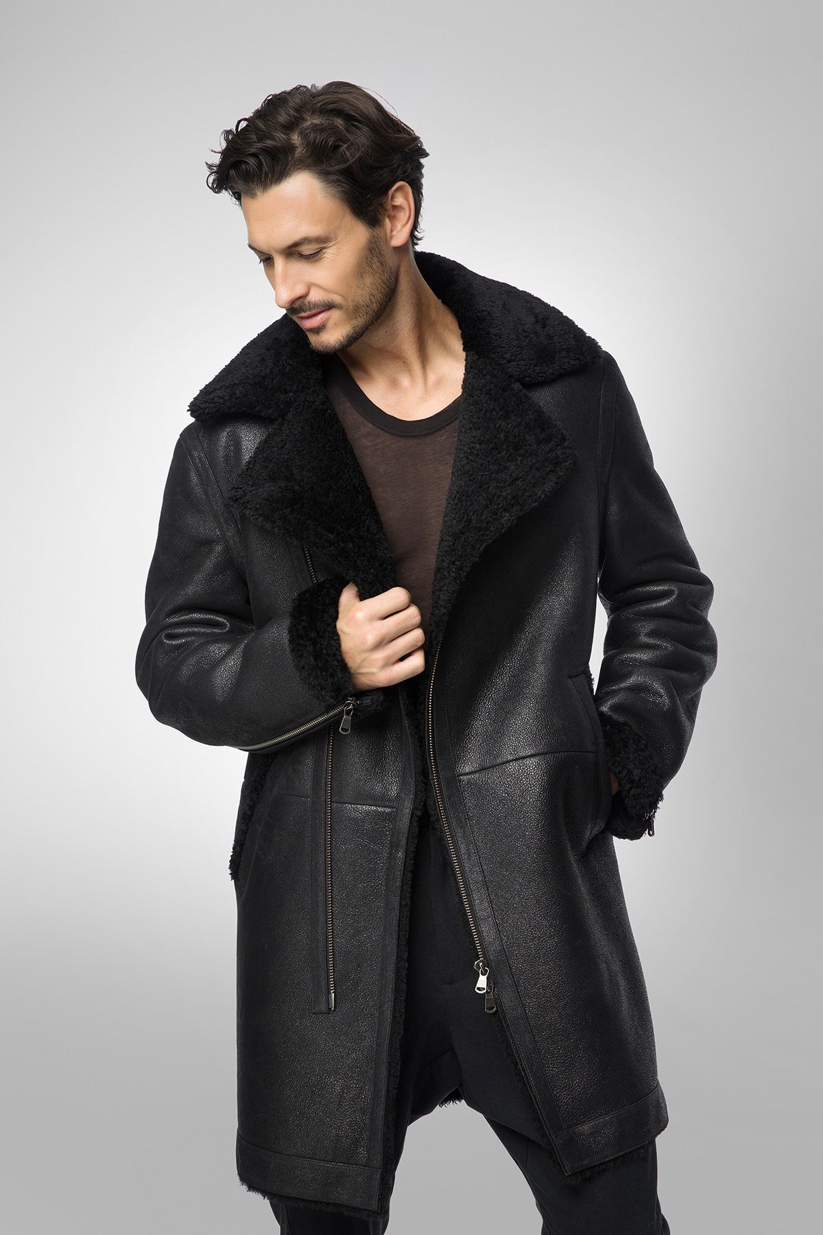 Men's Black Shearling B7 Bomber Leather Coat