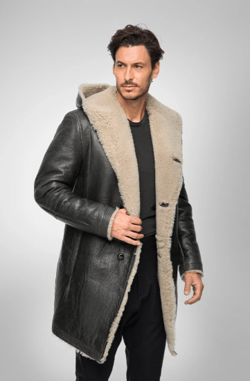 Men's Black Shearling Fur Leather Coat with Hood