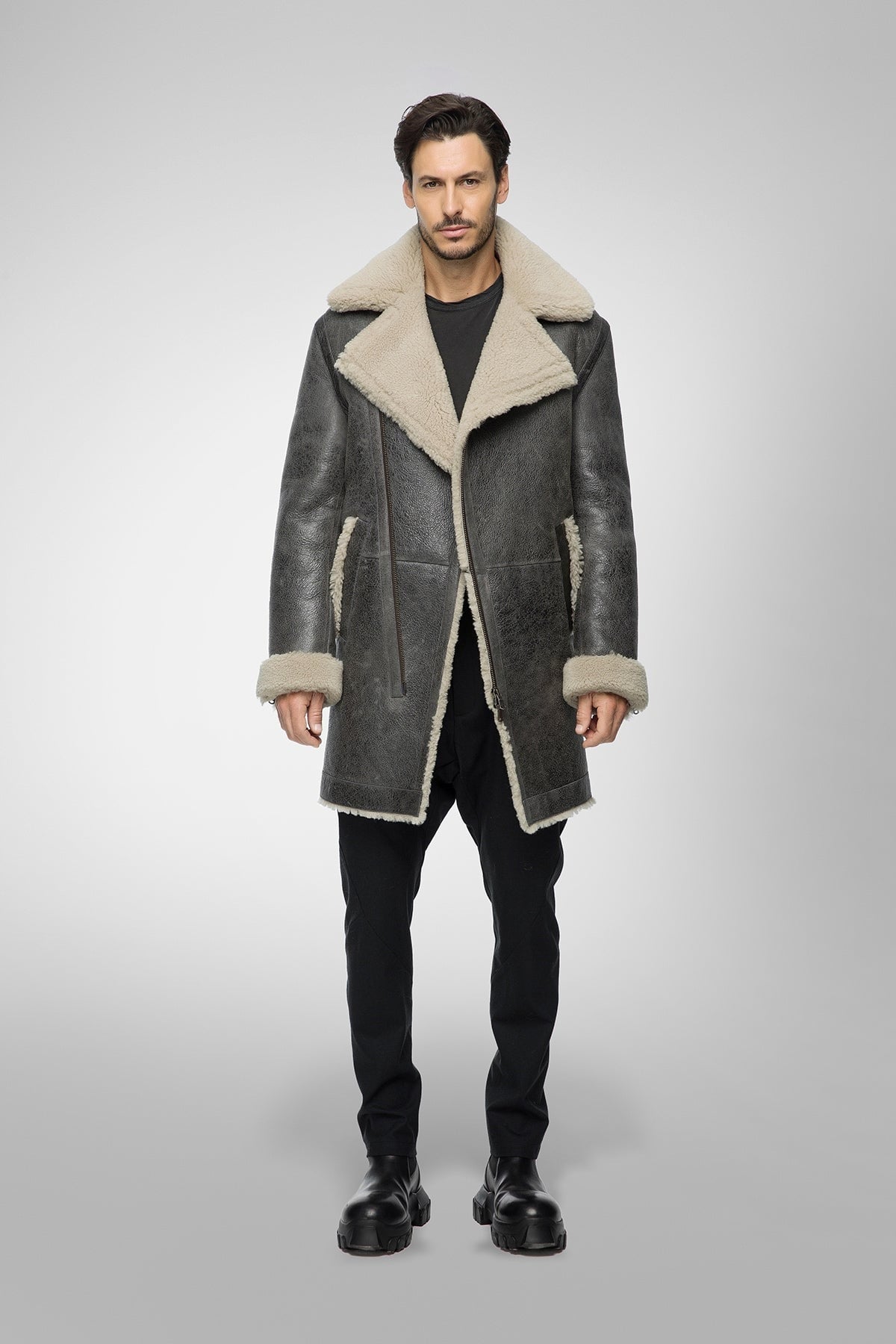 Men's Gray Shearling Leather Coat