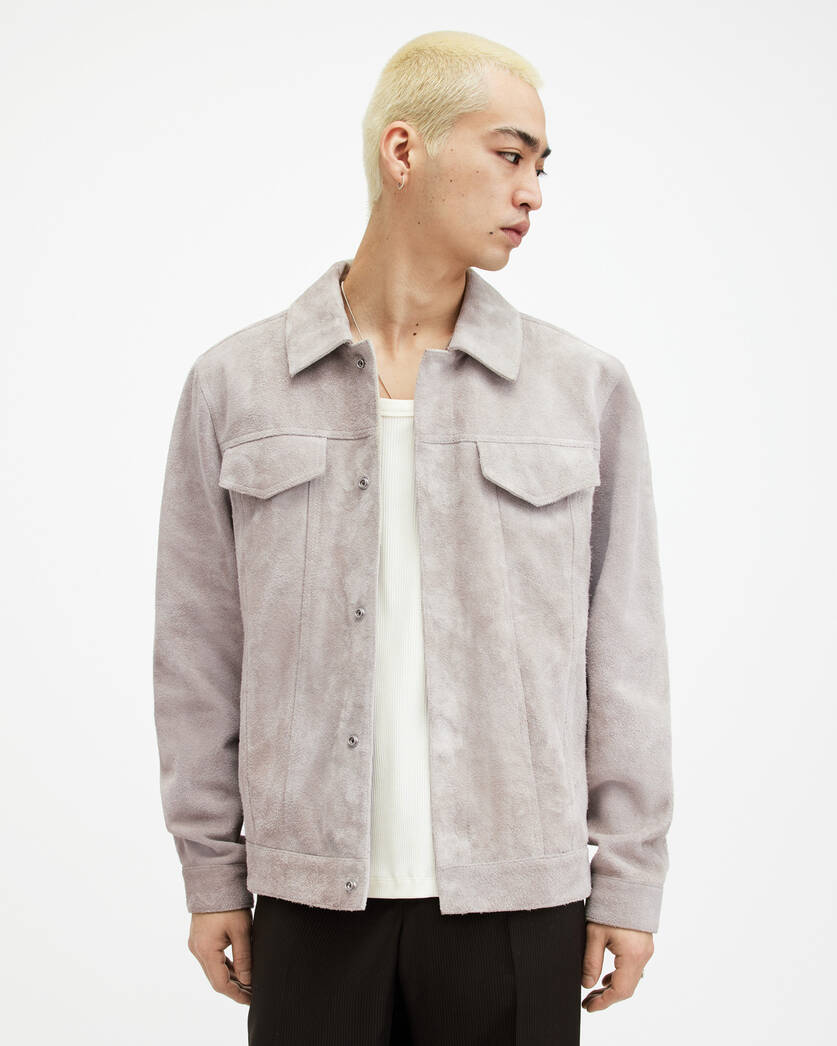 Men's White Gray Suede Leather Trucker Jacket