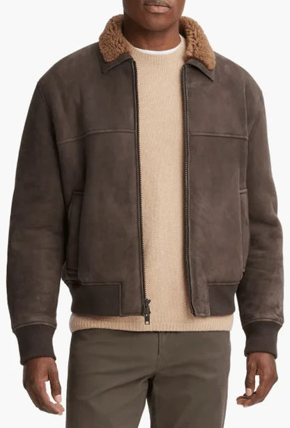 Men's Beige Suede Shearling Leather Jacket Timeless Comfort & Style