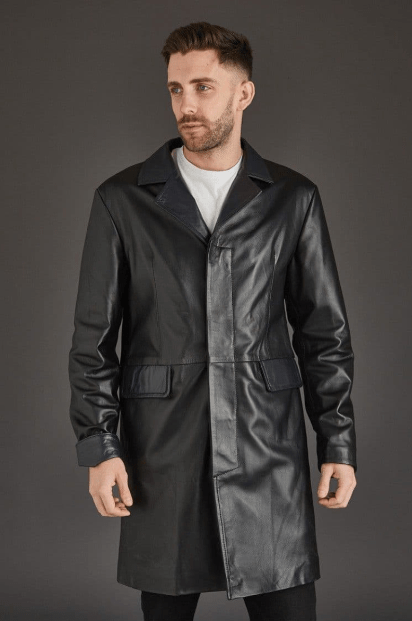 Men's Black Leather Trench Coat