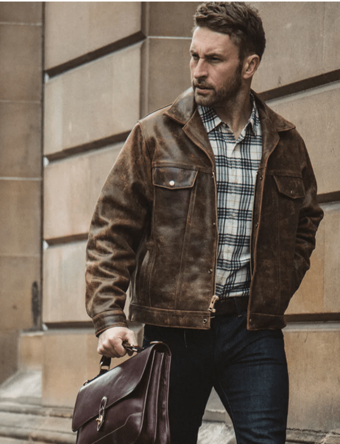 Men's Dark Brown Distressed Trucker Leather Jacket