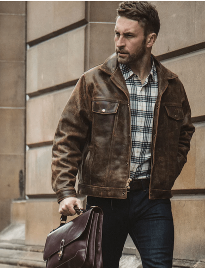 Men's Dark Brown Distressed Trucker Leather Jacket