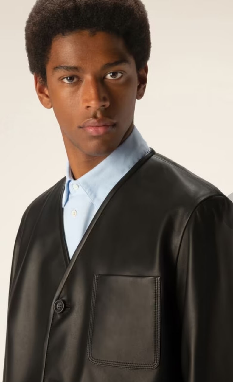 Men's Black V-Neck Cowhide Leather Shirt