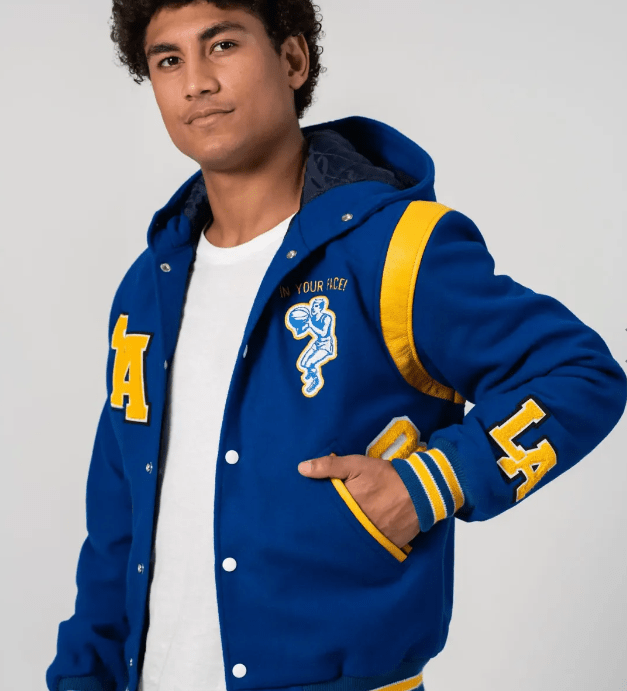 Los Angeles Limited Edition Varsity Bomber Jacket in Blue with Hood