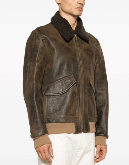 Men's Dark Brown Vintage Shearling Bomber Leather Jacket