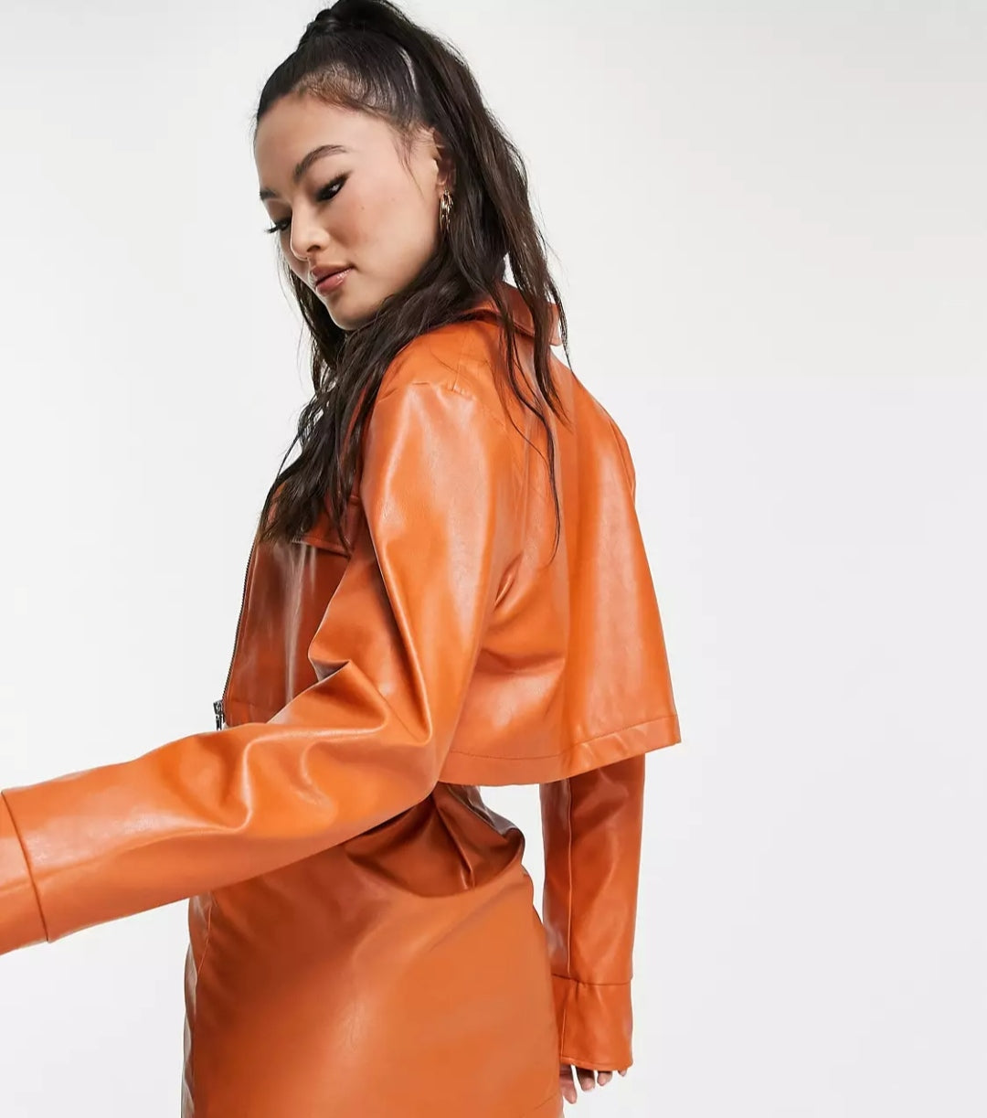 Women's Orange Cropped Full Sleeve Leather Shirt with Trendy Fit