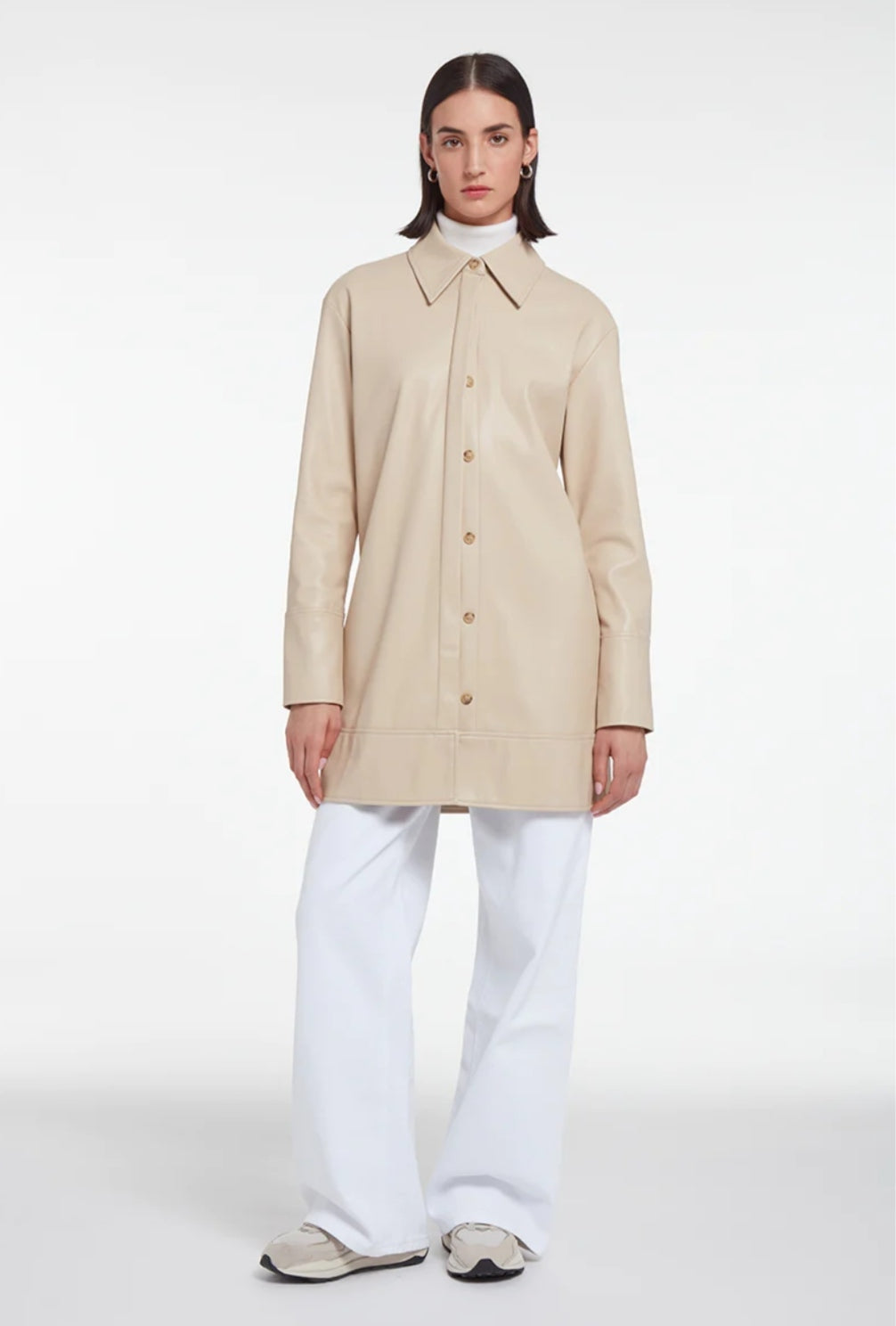 Women's Beige Long Leather Shirt with Elegant Fit