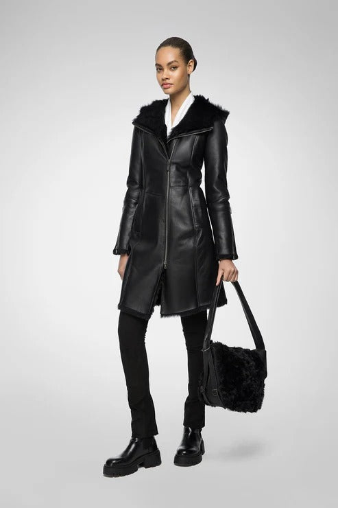 Women's Black Sheepskin Fur Leather Coat