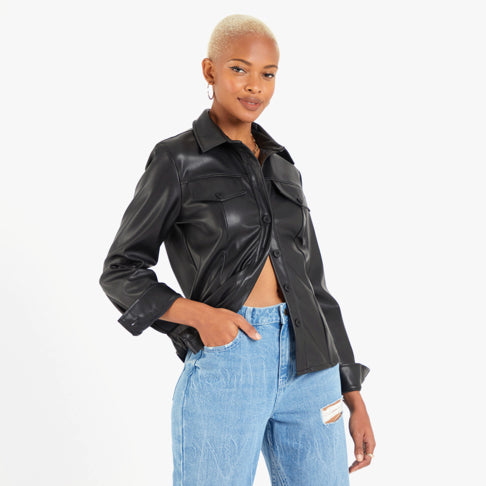 Women's Short Black Leather Shirt