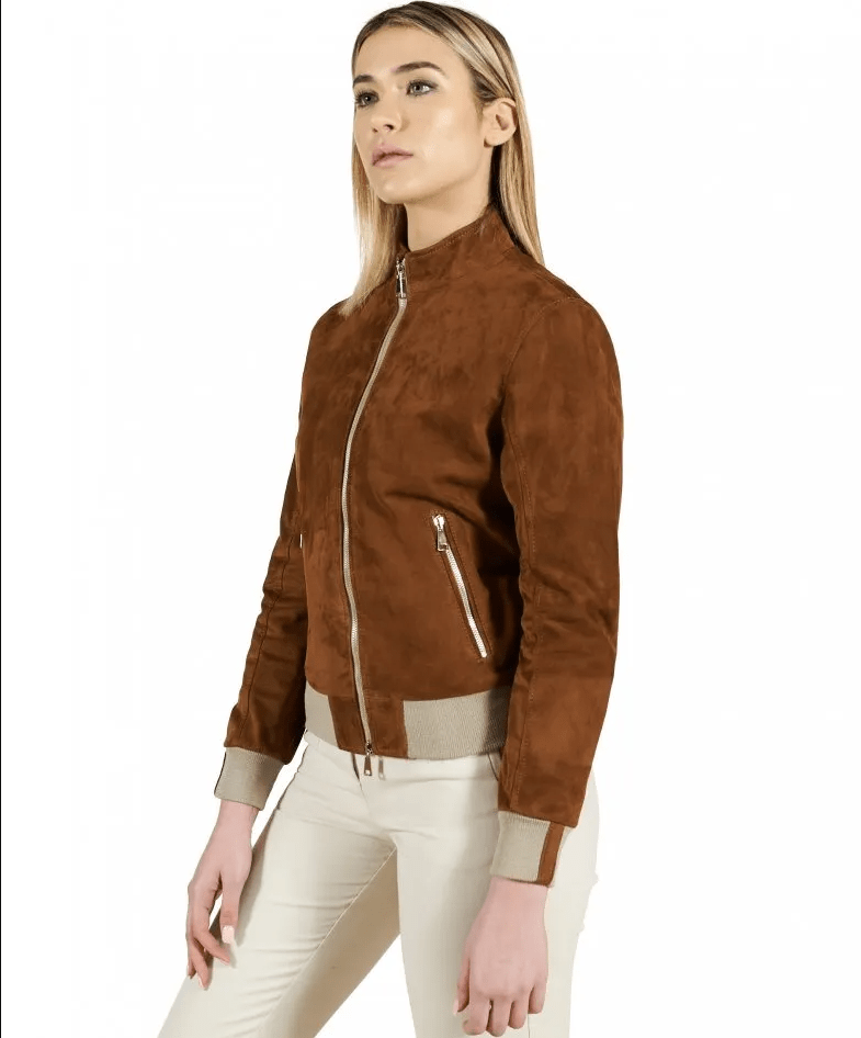 Women's Dark Brown Suede Leather Bomber Jacket