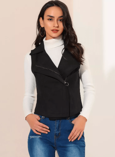 Women's Black Suede Leather Biker Vest