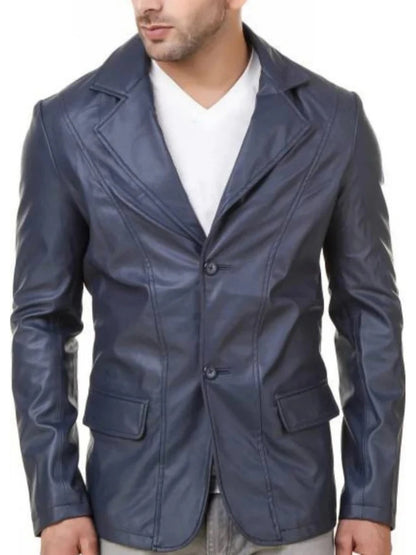 Men's Dart Detailing Navy Blue Leather Blazer Sleek & Sophisticated Outerwear