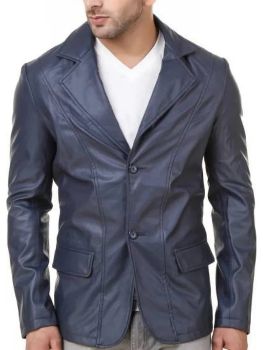 Men's Dart Detailing Navy Blue Leather Blazer Sleek & Sophisticated Outerwear