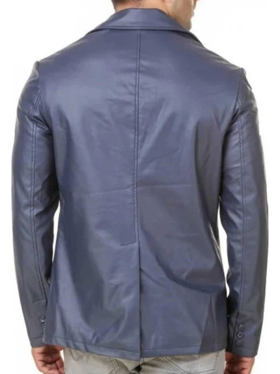 Men's Dart Detailing Navy Blue Leather Blazer Sleek & Sophisticated Outerwear