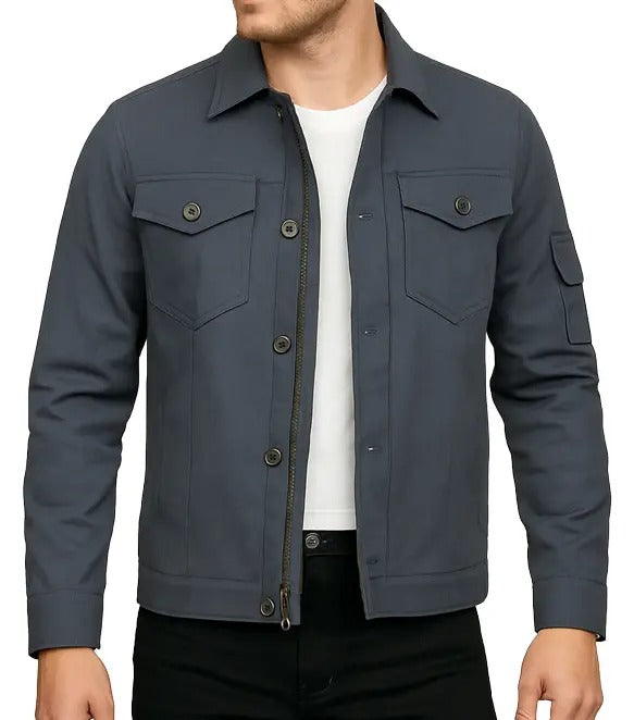 Navy Trucker Leather Jacket