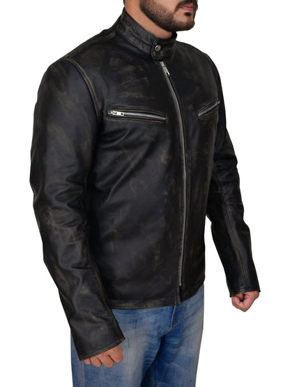 Premium Avanzar Men’s Distressed Black Cafe Racer Jacket