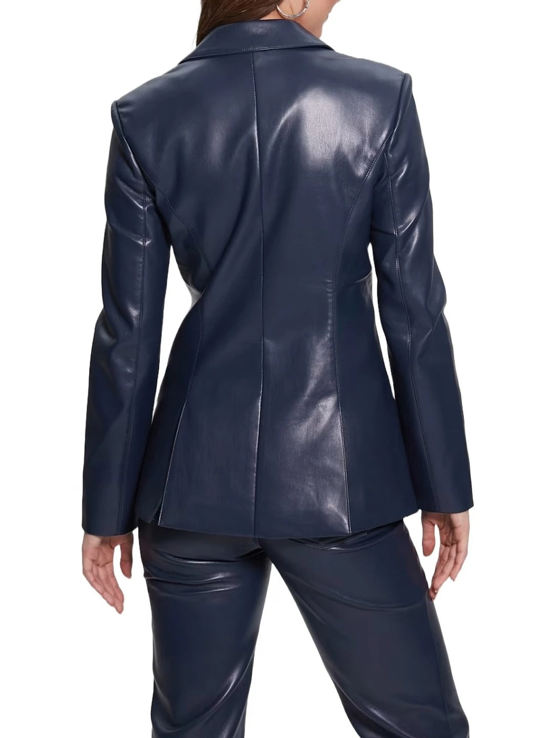 Women's Double Breasted Navy Blue Leather Blazer Elegant & Sophisticated Outerwear