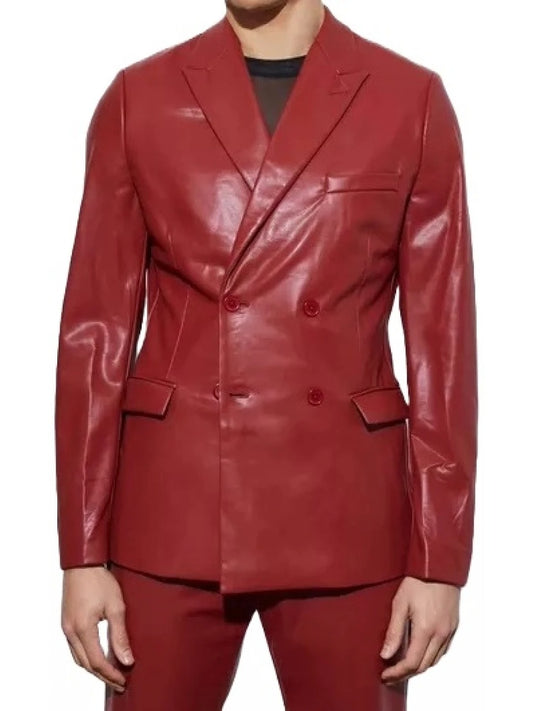 Men's Double Breasted Red Leather Blazer Bold & Sophisticated Outerwear