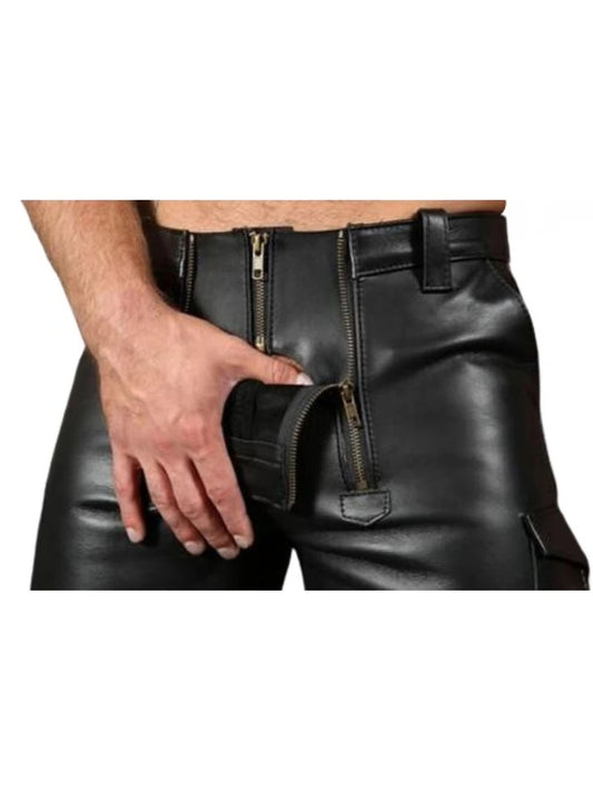 Men’s Black Real Sheepskin Leather Cargo Shorts with Double Front Zipper