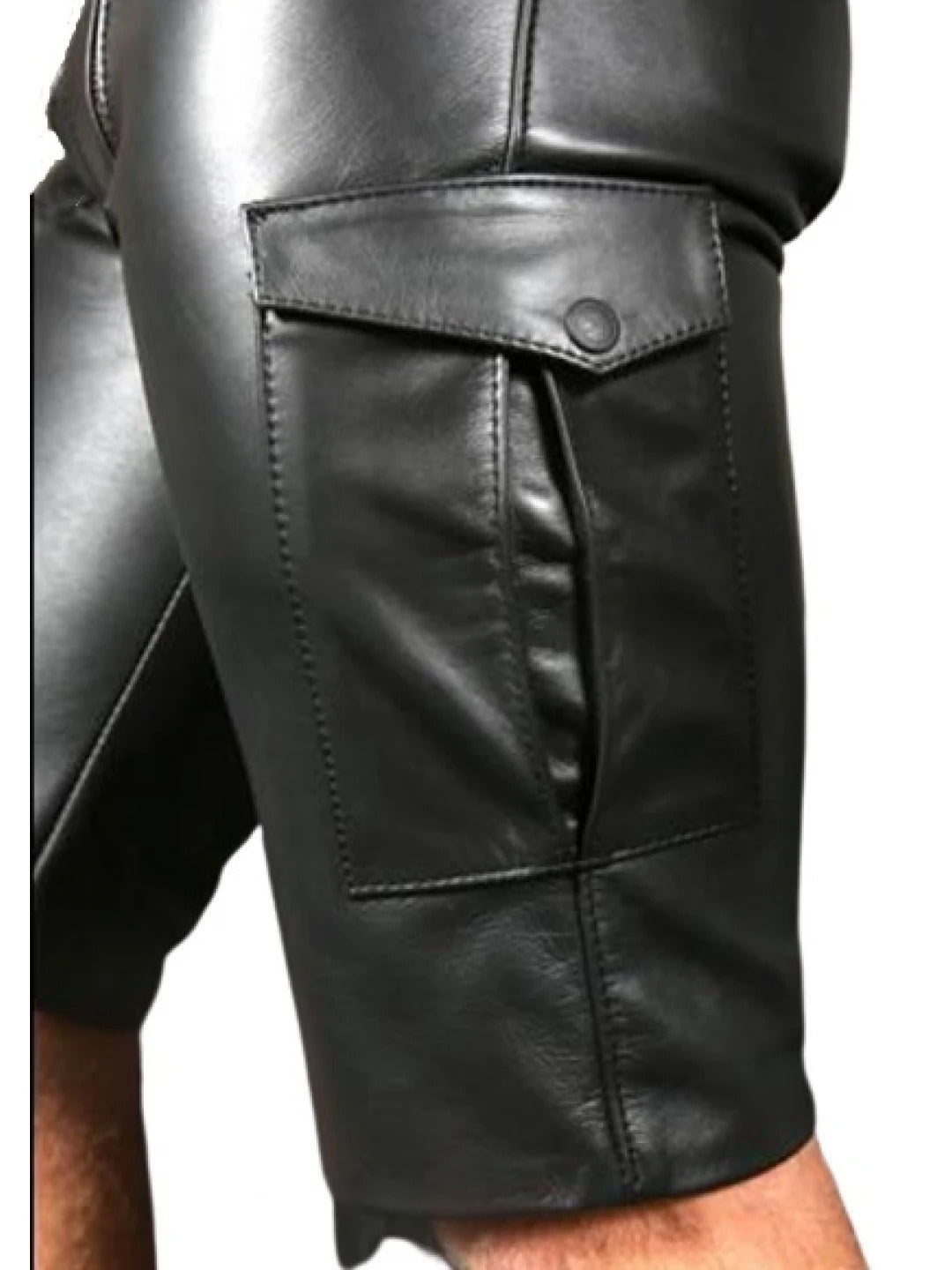 Men’s Black Real Sheepskin Leather Cargo Shorts with Double Front Zipper