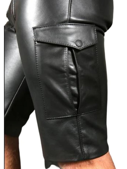 Men’s Black Real Sheepskin Leather Cargo Shorts with Double Front Zipper