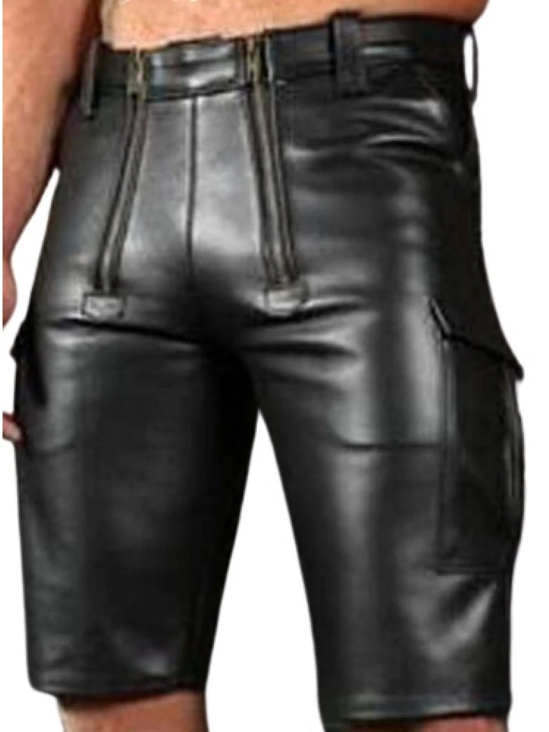 Men’s Black Real Sheepskin Leather Cargo Shorts with Double Front Zipper