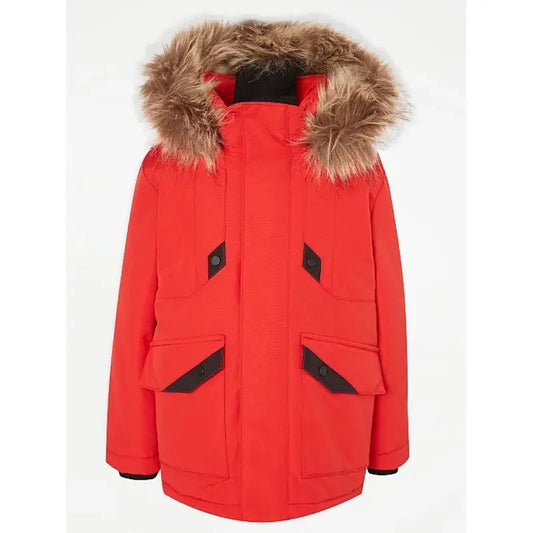 Red Faux-Fur-Trim Hooded Parka Coat  Avanzar Leather