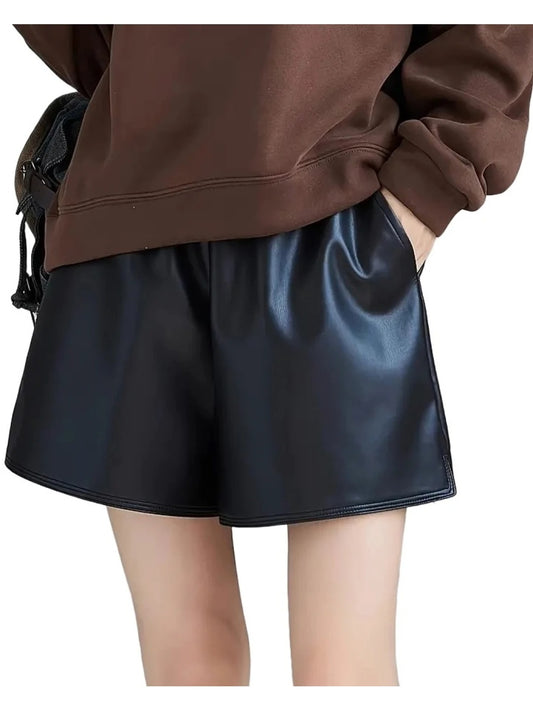 Women’s Black Leather Shorts with Drawstring Elastic Waist