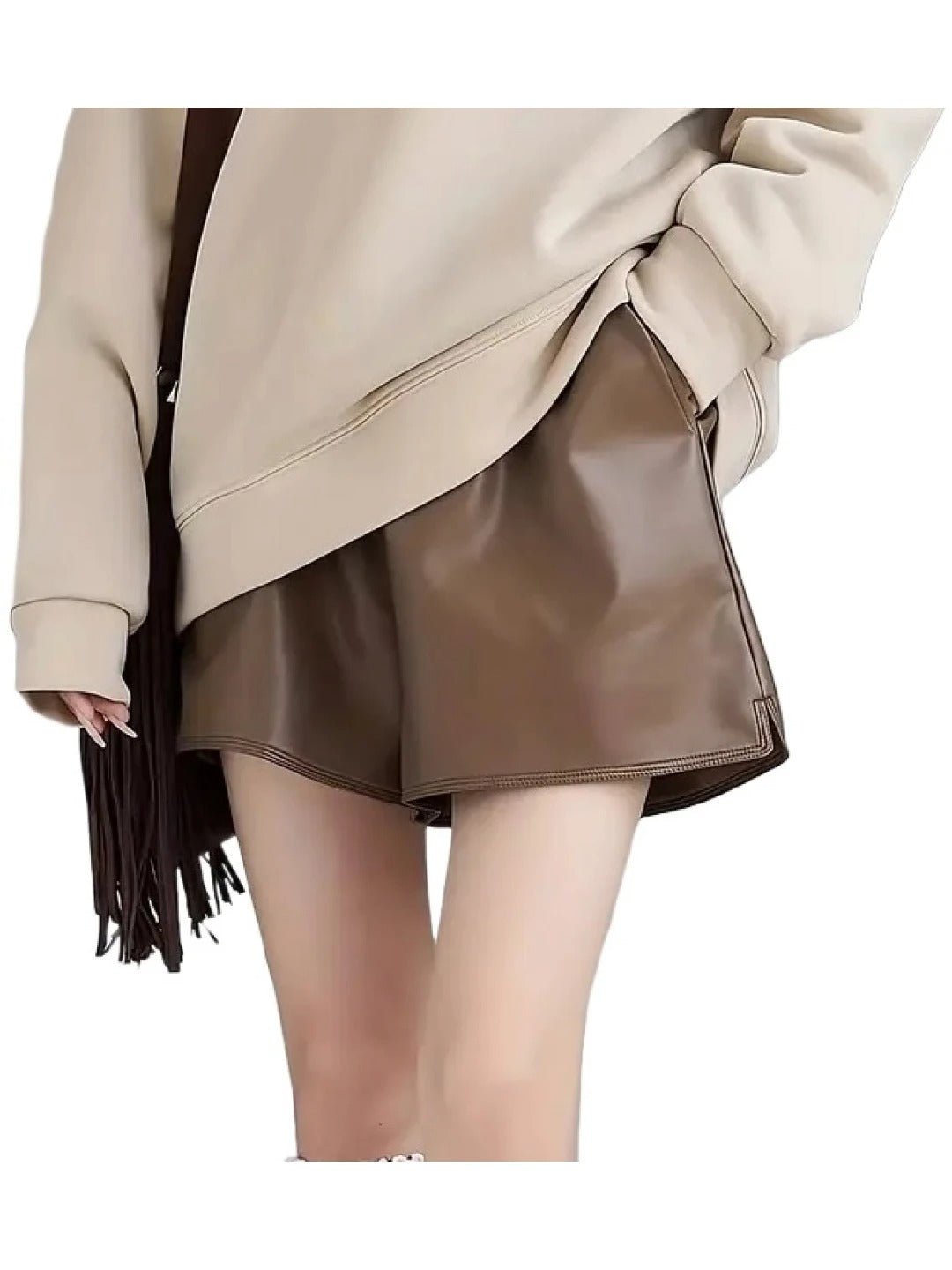 Women’s Brown Leather Shorts with Drawstring Elastic Waist