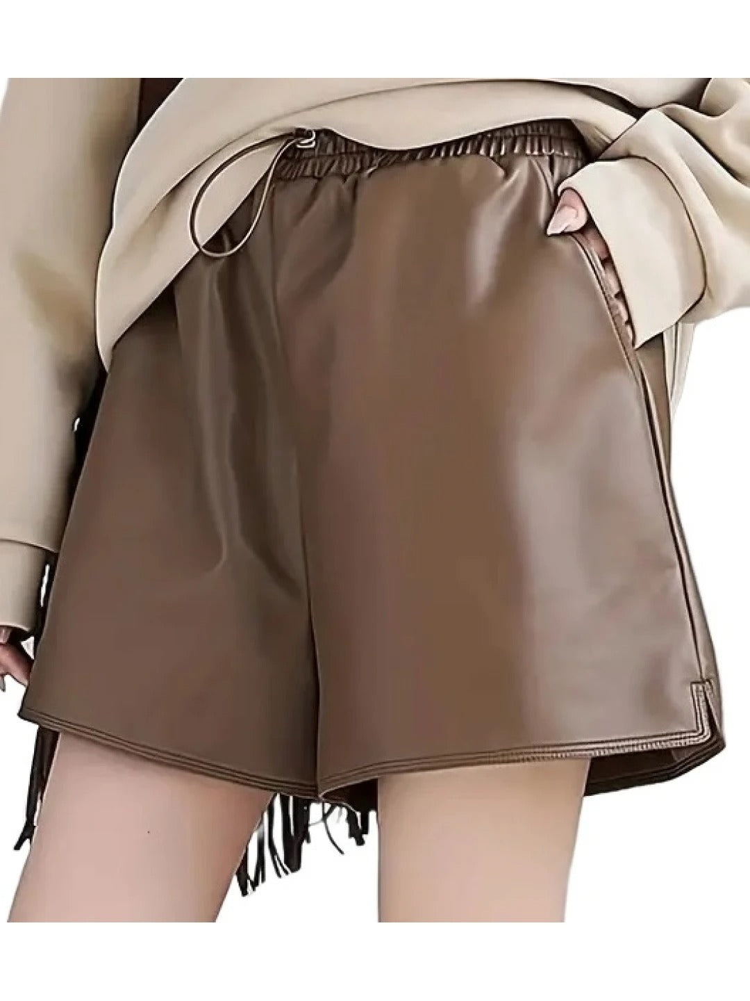 Women’s Brown Leather Shorts with Drawstring Elastic Waist