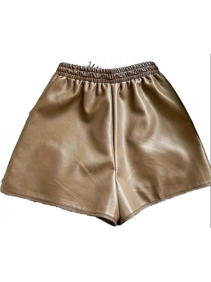 Women’s Brown Leather Shorts with Drawstring Elastic Waist