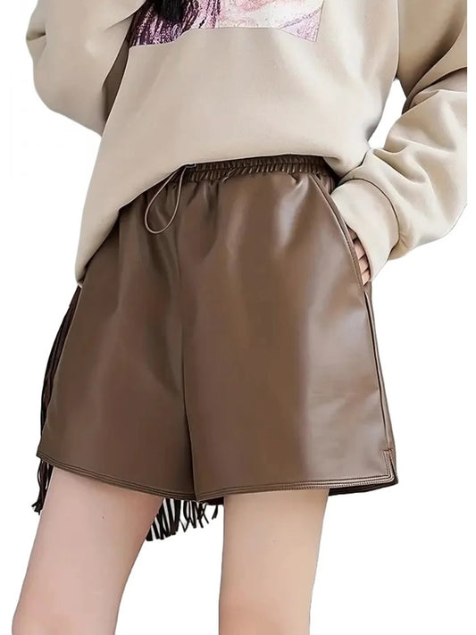 Women’s Brown Leather Shorts with Drawstring Elastic Waist