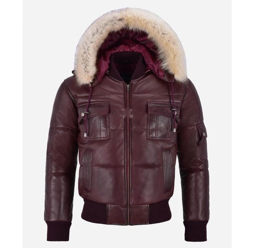 Men’s PILOT Puffer Leather Bomber Jacket with Fur Hoodie Avanzar Leather