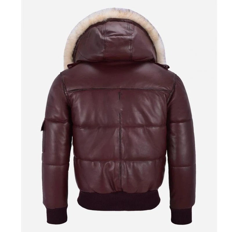 Men’s PILOT Puffer Leather Bomber Jacket with Fur Hoodie Avanzar Leather