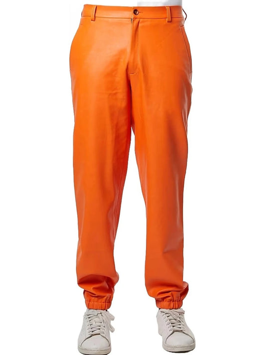 Elastic Hem Orange Leather Pants for Men by Avanzar Leather