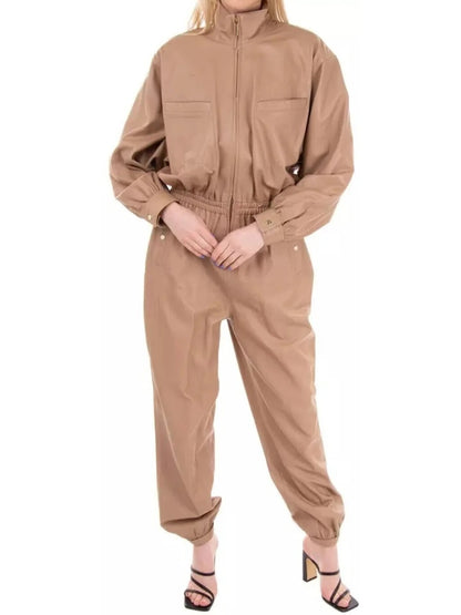 Avanzar Leather Elastic Waist Beige Leather Jumpsuit