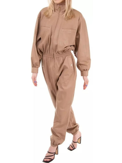 Avanzar Leather Elastic Waist Beige Leather Jumpsuit