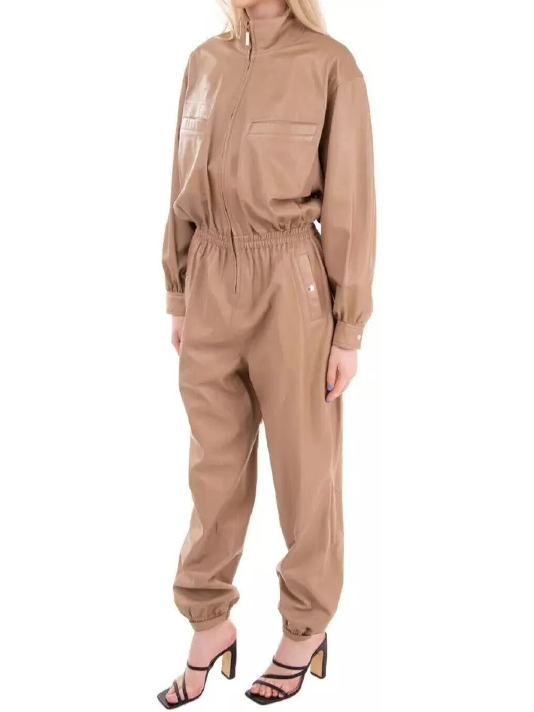 Avanzar Leather Elastic Waist Beige Leather Jumpsuit