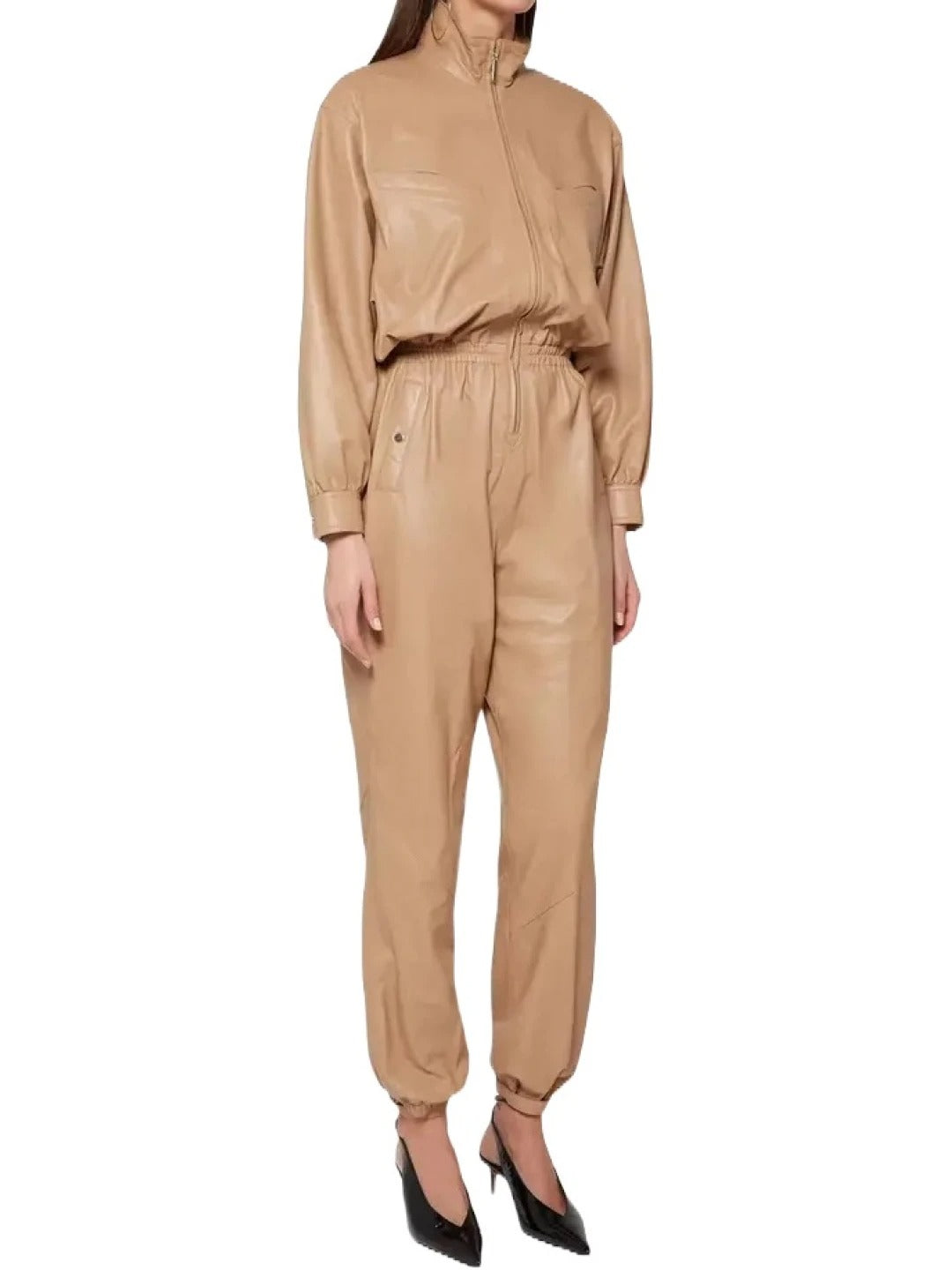 Avanzar Leather Elastic Waist Beige Leather Jumpsuit