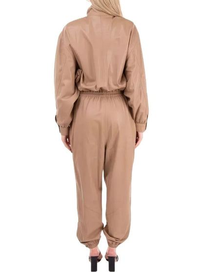 Avanzar Leather Elastic Waist Beige Leather Jumpsuit