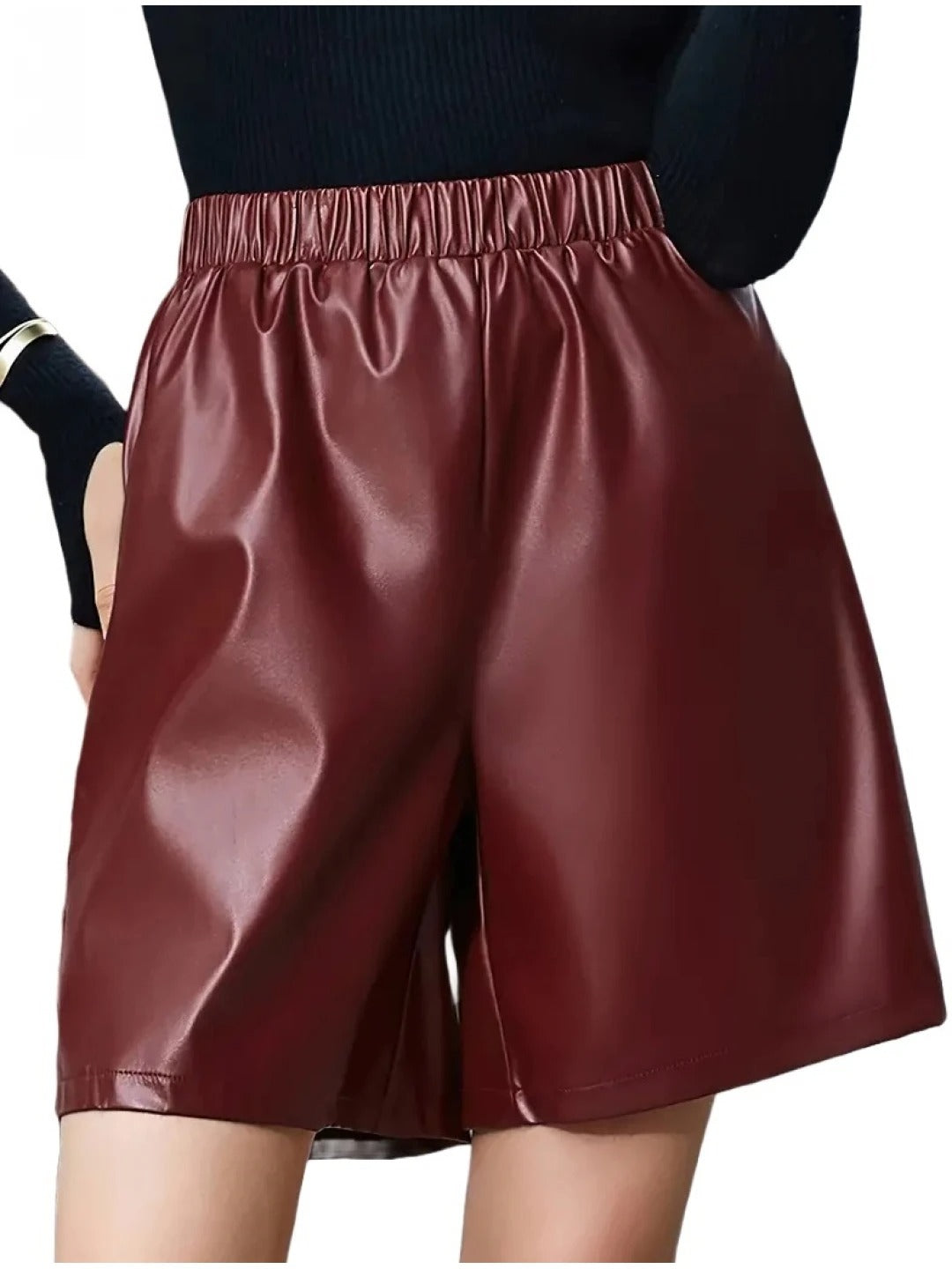 Women’s Burgundy Leather Shorts with Elastic Waist – Chic and Comfortable Fit